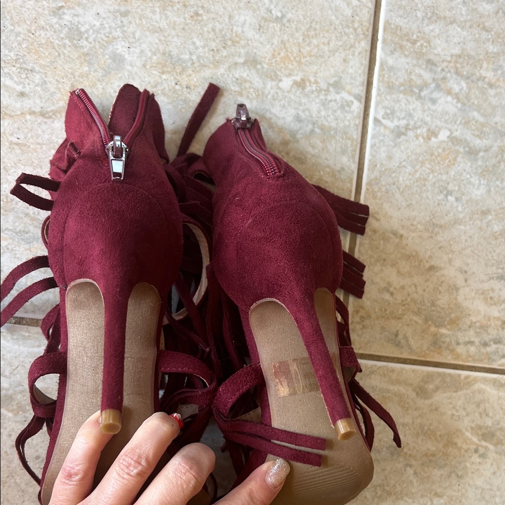 Fringe Burgundy Heeled Sandals - Picture 8 of 10
